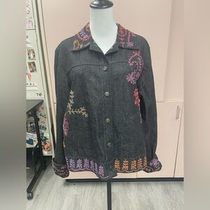 Coldwater Creek embroidered dark wash denim jacket black pink blue gold size L
